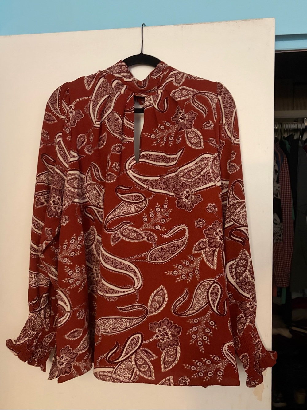 Rust Paisley Keyhole Long-Sleeve Women's Blouse